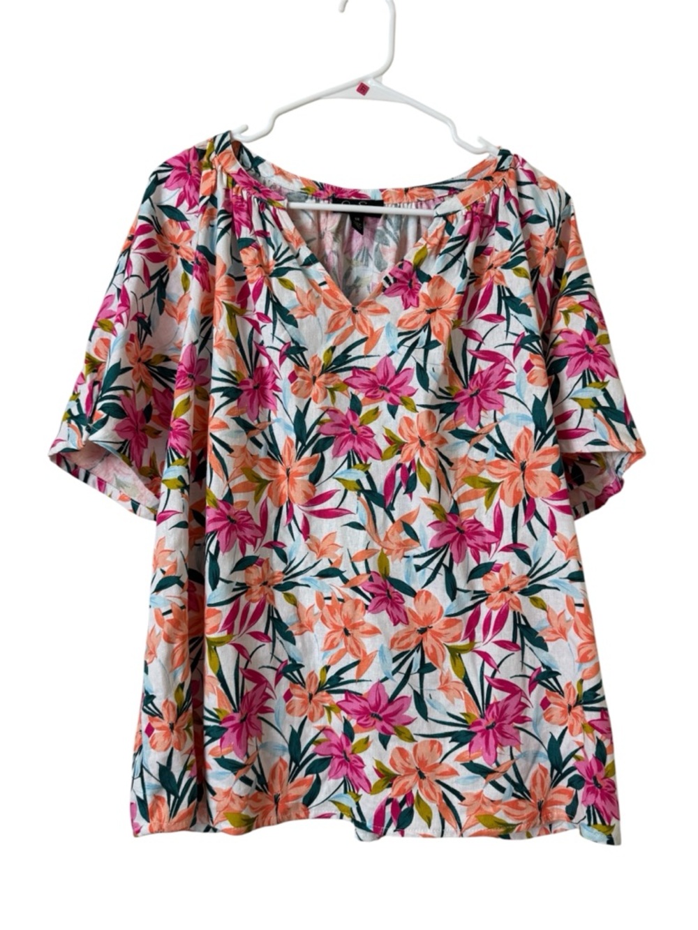 Jessica Simpson Floral Linen Blend V-Neck Short Sleeve Top Size 1X
